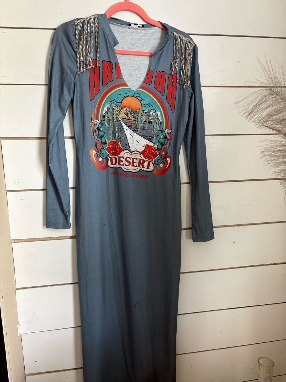 Fashion Nova Desert Graphic Long Sleeve Maxi Dress with Rhinestone Fringe